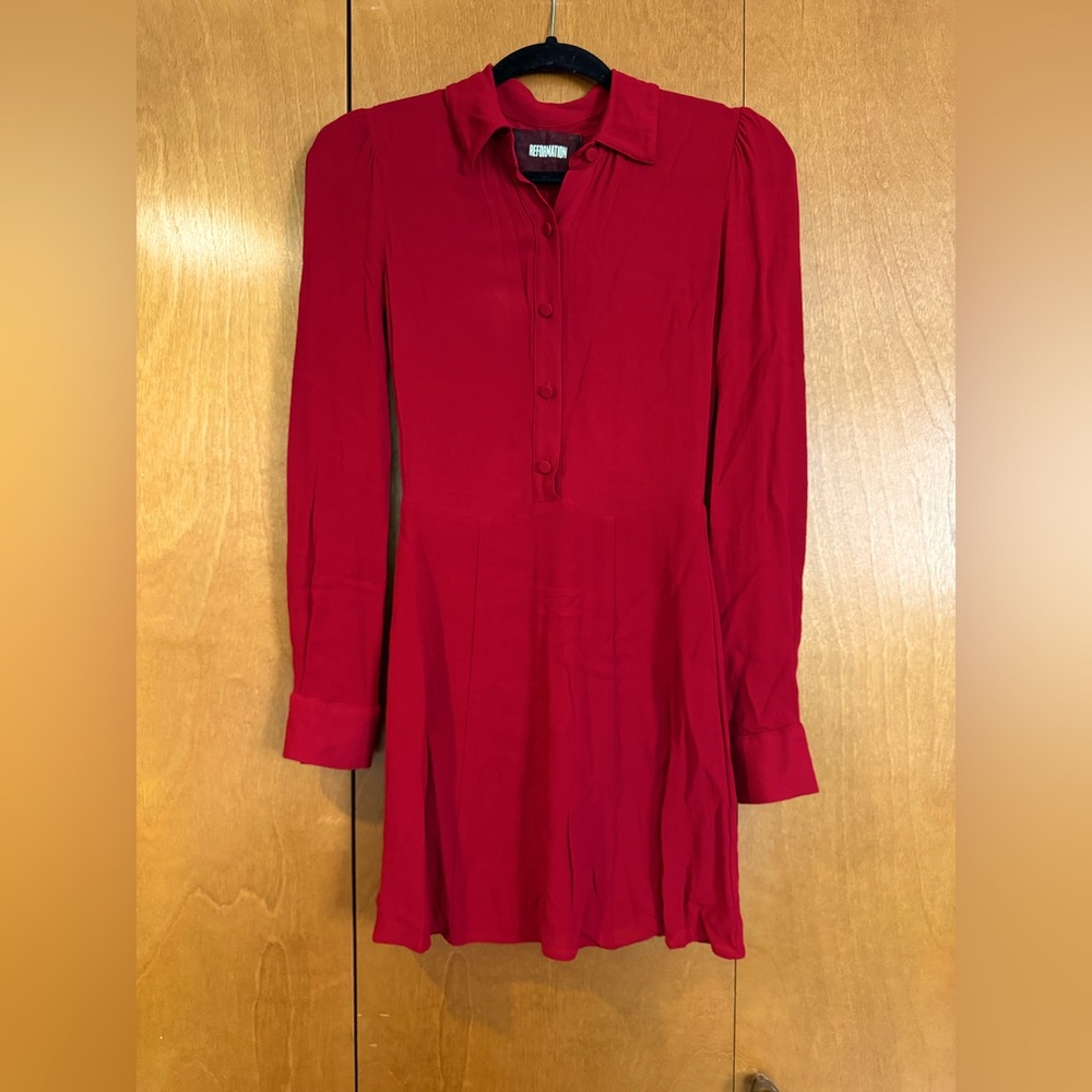 Reformation Crimson Lady Long Sleeve Button-Up Dress